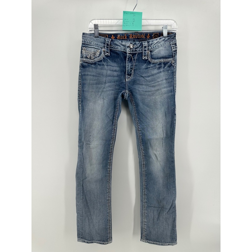 Rock Revival Womens 29 Blue Denim Bootcut Jeans Low Rise Crystal Fleur-de-lis